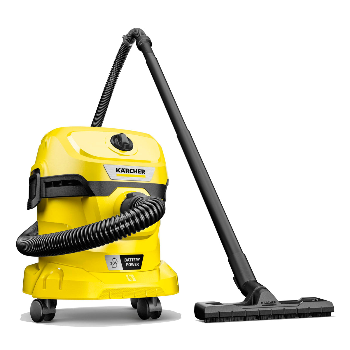 KÄRCHER Battery Wet/Dry Vacuum Cleaner WD 2-18, including filter, crevice and wet/dry suction nozzle, 225 Watts, plastic container: 12 l, suction hose: 1.8 m, without battery, without charger, Yellow - 1.628-500.0