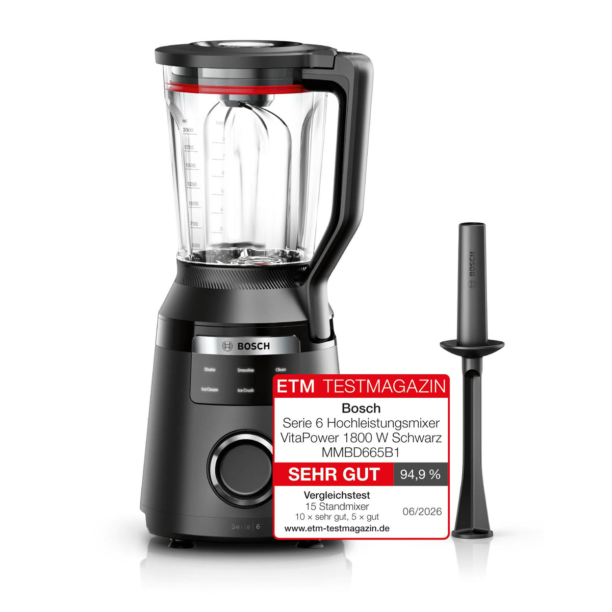 Bosch Highspeed Blender, Smoothie Maker, 45,000 RPM, 6 Programs (including hot soup & cleaning), 2 L Mixing Container, dishwasher-safe parts, Made in Europe, 1800W, VitaPower Series 6 MMBD665B1