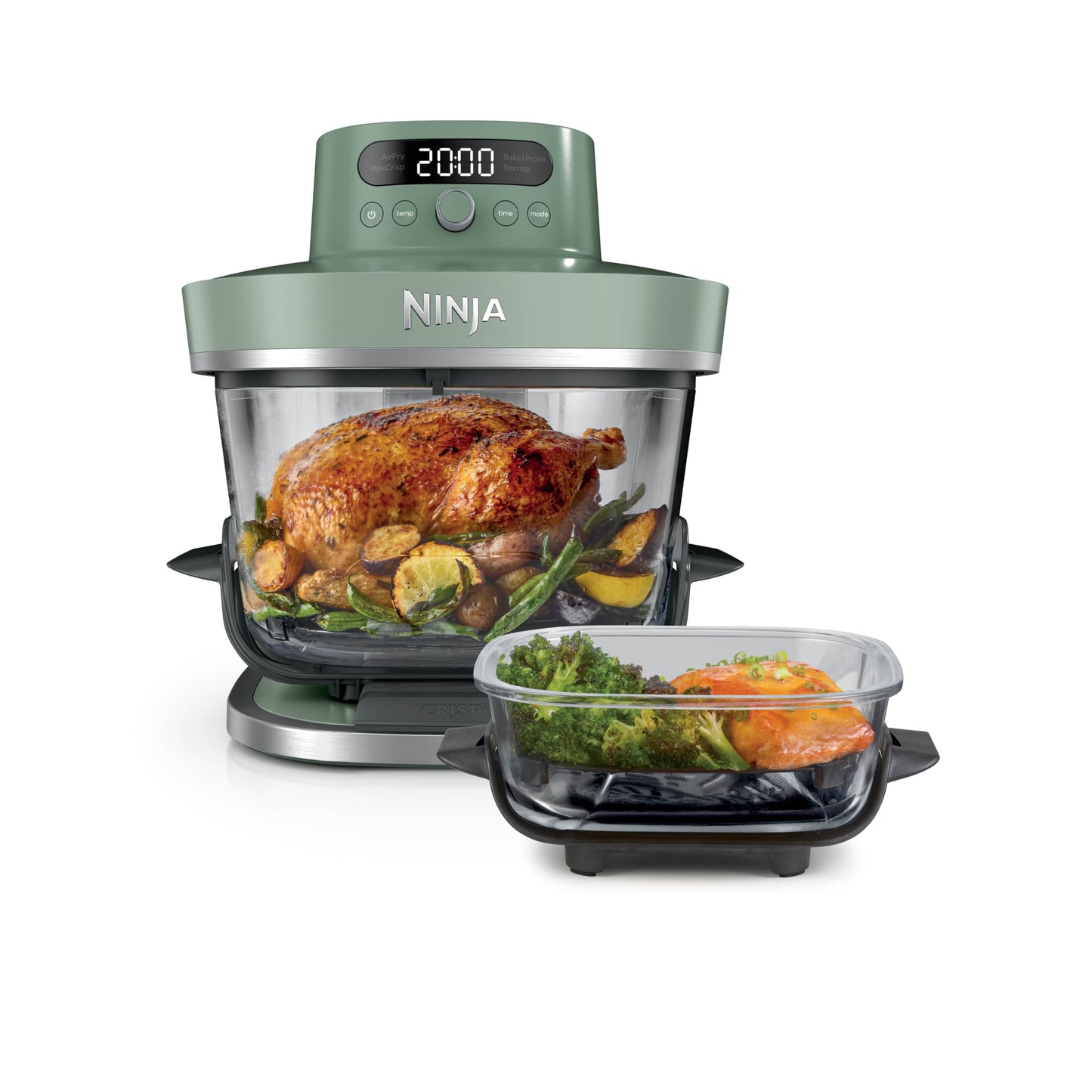 Ninja CRISPi PRO XL Glass Air Fryer, 5 Preset Cooking Functions, CleanCrisp Glass Containers (5.7L and 2.3L) and Storage Lid, Moss Green AS090EUGN
