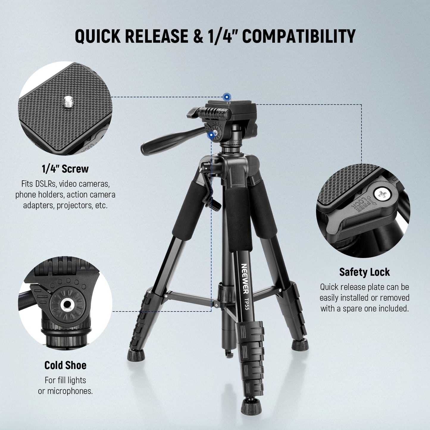 NEEWER Basics Camera Tripod, 71'' Tripod with Mobile Phone Holder, Compatible with iPhone for Video Recording, Professional, Lightweight, Portable Aluminum Travel Tripod with 3-Way Tilt Head, TP55