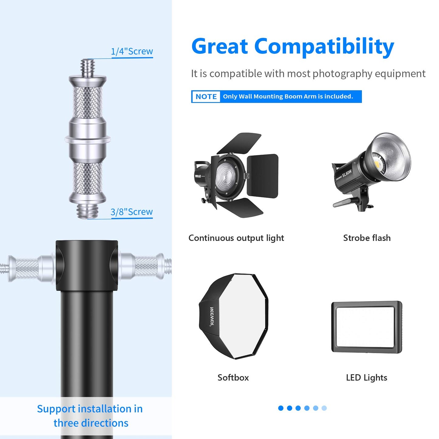 NEEWER Wall Mounted Boom Arm with Triangle Base for Photography Studio Video Strobe Light Monolight Softbox Umbrella Reflector, 180 Degree Rotation, Max Length 51.2 Inches/130cm (Black) - ST-WM130