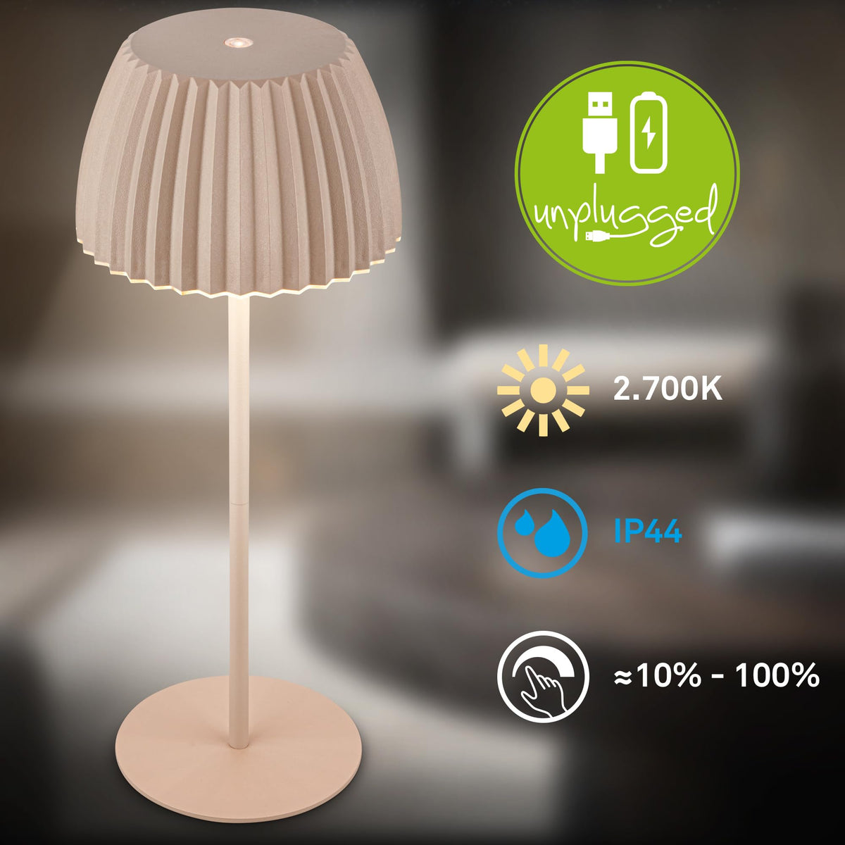 BRILONER - Riffle LED Table Lamp Wireless IP44 with Light Edge, Touch Dimmer, Replaceable Battery, Nightstand Lamp, Reading Lamp, LED Lamp, Battery Lamp, German Design Award Winner 2025, 14.5x36.5 cm, Beige - 7553011