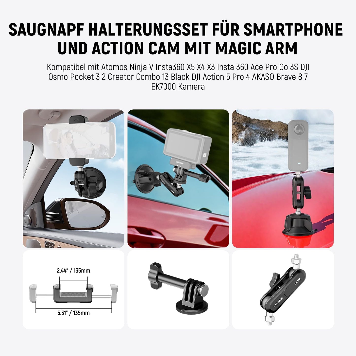 NEEWER suction cup mobile phone holder and camera mount compatible with GoPro DJI Insta360 iPhone, car smartphone mount with action cam adapter, 360° magic arm for POV windscreen vlogging CA158