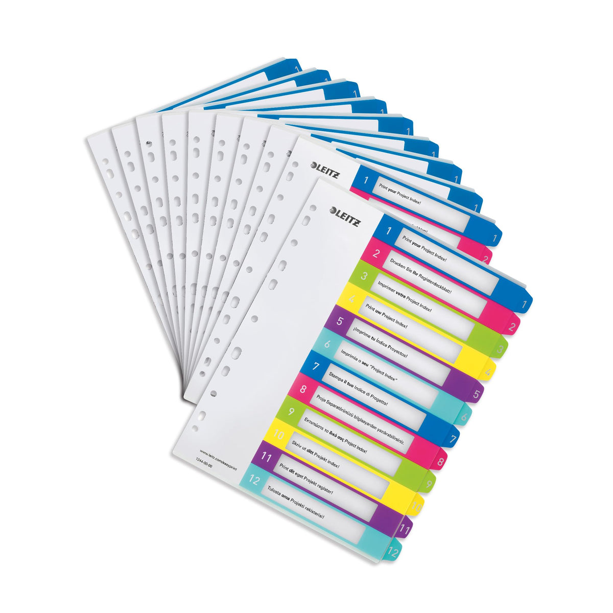Leitz index for A4, pack of 10, PC-writable cover sheet and 12 dividers, tabs with numbers printed 1-12, extra width, multi-colored, polypropylene, WOW, 12440000