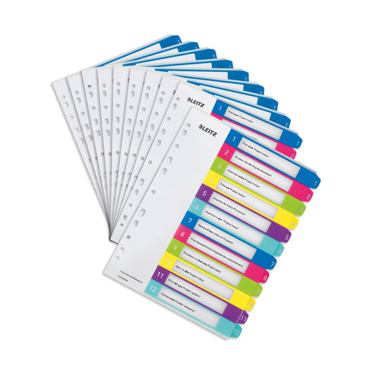 Leitz index for A4, pack of 10, PC-writable cover sheet and 12 dividers, tabs with numbers printed 1-12, extra width, multi-colored, polypropylene, WOW, 12440000