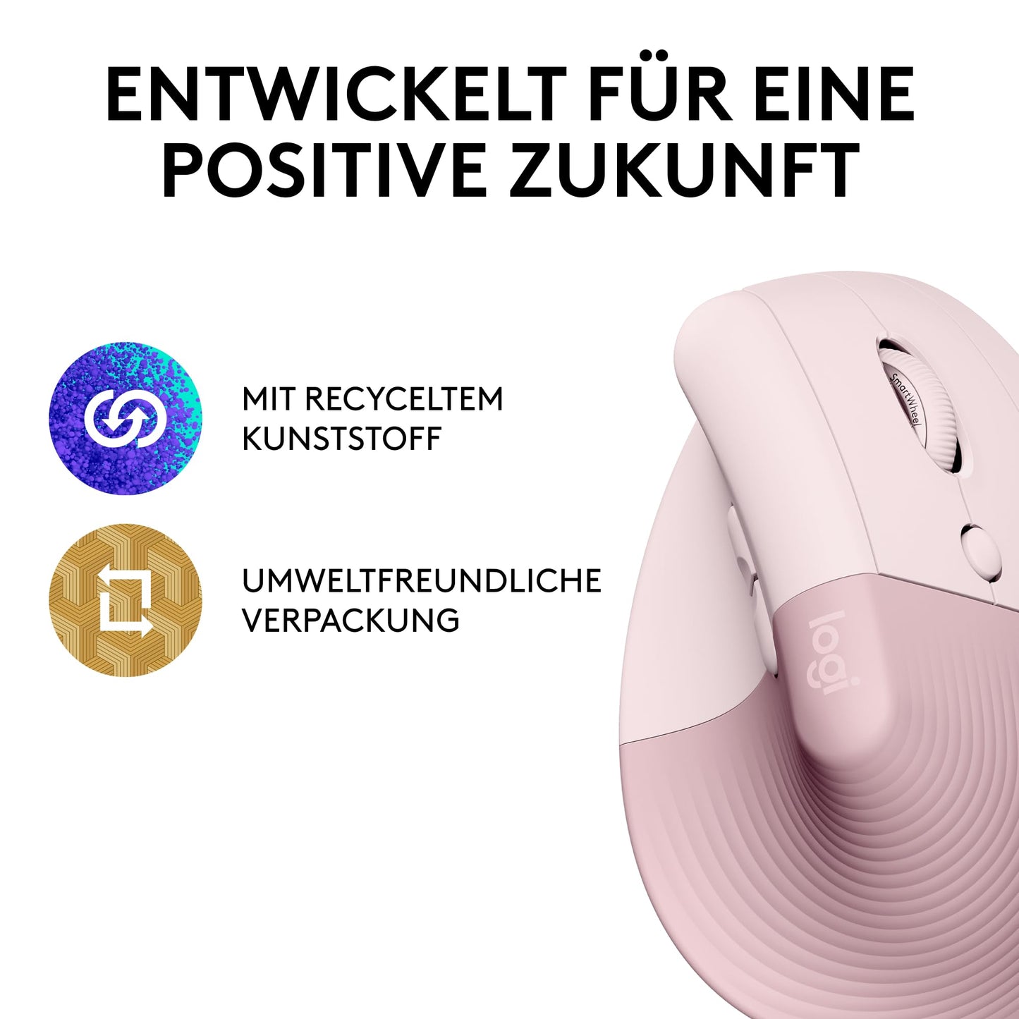 Logitech Lift Vertical Ergonomic Mouse, Wireless, Bluetooth or Logi Bolt USB Receiver, Quiet Clicks, 4 Buttons, Compatible with Windows/macOS/iPadOS, Laptop, PC - Pink - 910-006478