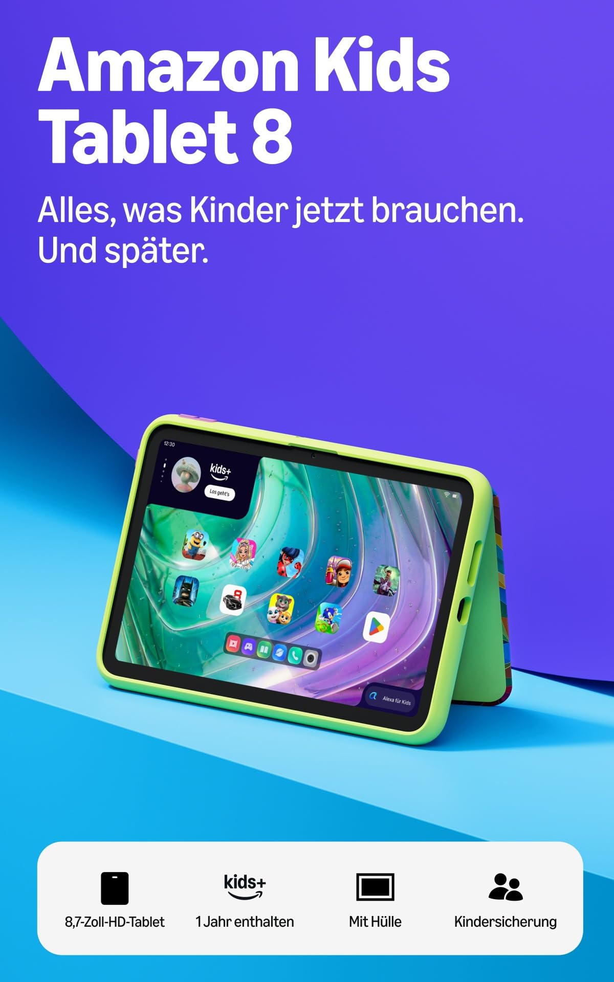 Tableta Amazon Kids 8 (cea mai recentă generație), pentru copii de la 6 ani, display HD de 8,7 inch, baterie pentru întreaga zi, 1 an Kids+ cu videoclipuri, aplicații, jocuri și cărți, inclusiv husă subțire (Pisica curcubeu) - RL3YT5