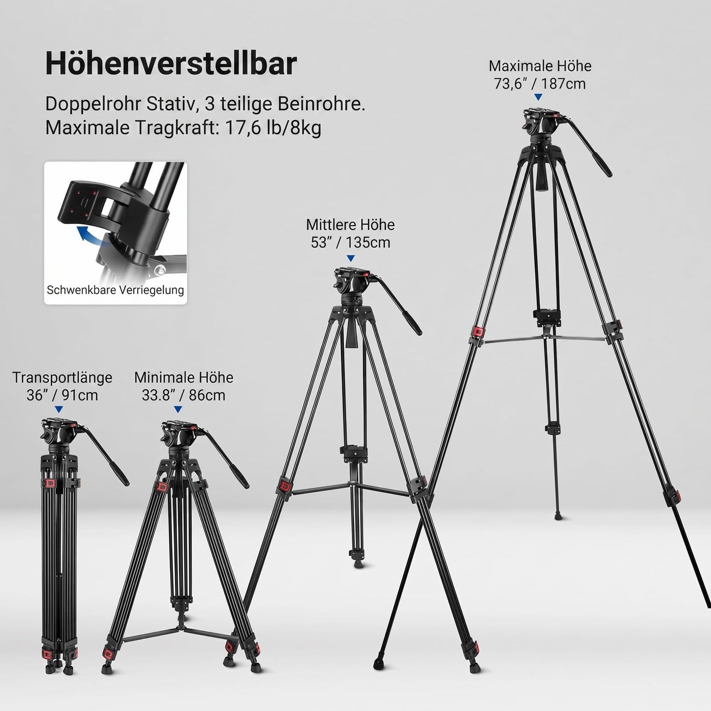 NEEWER 74" Pro Video Tripod with Fluid Head, QR Plate Compatible with DJI RS Gimbals, Heavy Duty Camera Tripod with Telescopic Handle Scaled Base for DSLR, Max Load 17.6lb/8kg, TP74