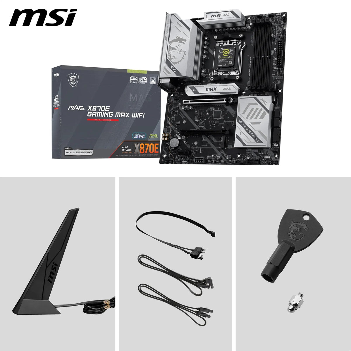 MSI MAG X870E Gaming MAX WiFi Placă de bază, ATX - Suportă procesoare AMD Ryzen 9000/8000/7000, AM5 - Memorie DDR5 Boost (până la 8200+ MT/s OC), PCIe 5.0 x16, M.2 Gen5, Wi-Fi 7, 5G LAN - 7E86-001R