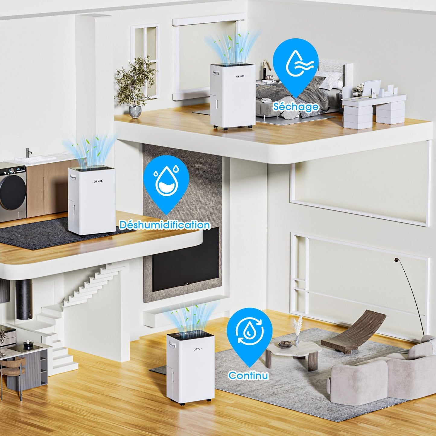 OKYUK Electric Dehumidifier 20L with Digital Humidity Display, 36dB Quiet 40m², with Automatic Switch-Off, for Motorhome, Bathroom, Basement, 1 Year Exchange/10 Year Warranty (20L White) - PD20R-06EE