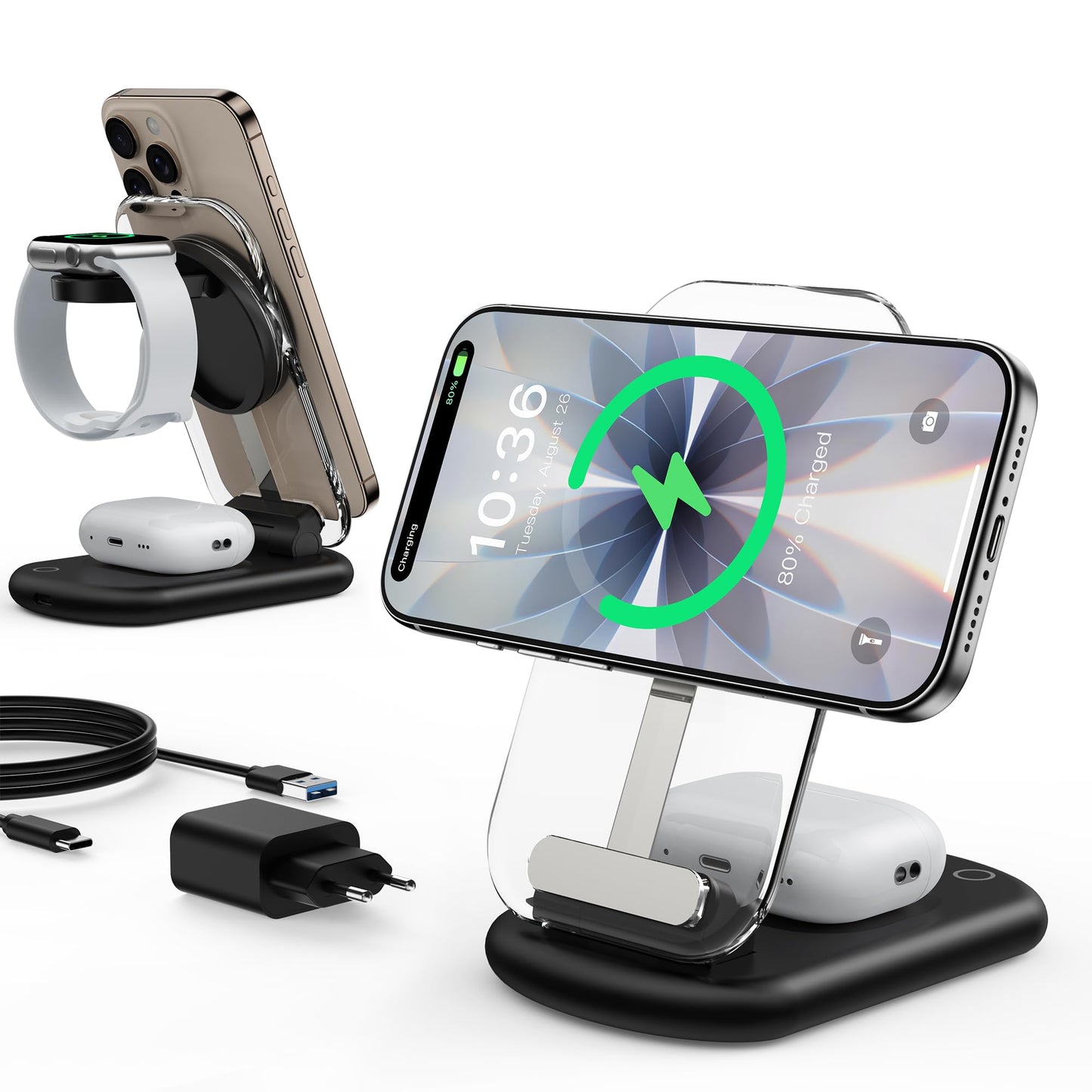 Inductive charging station, Mag Safe charger, 3 in 1 Mag Safe charging station compatible with iPhone 17e 17 16 15 14 13 12 Pro Max/Air/Plus/Pro, 15W wireless charger foldable for Apple Watch10/9, Airpods 3/2/Pro - T618-F