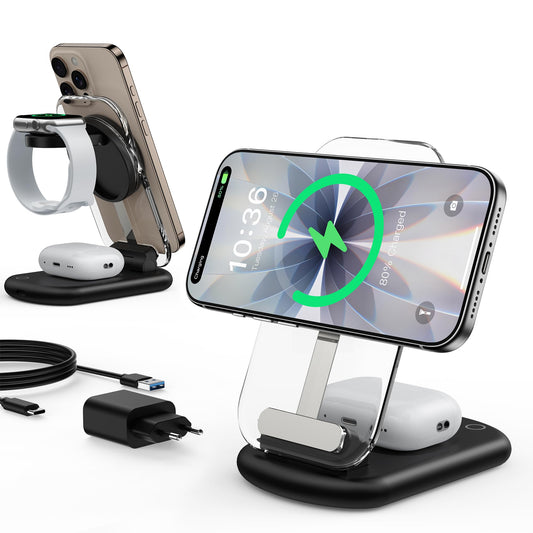 Inductive charging station, Mag Safe charger, 3 in 1 Mag Safe charging station compatible with iPhone 17e 17 16 15 14 13 12 Pro Max/Air/Plus/Pro, 15W wireless charger foldable for Apple Watch10/9, Airpods 3/2/Pro - T618-F
