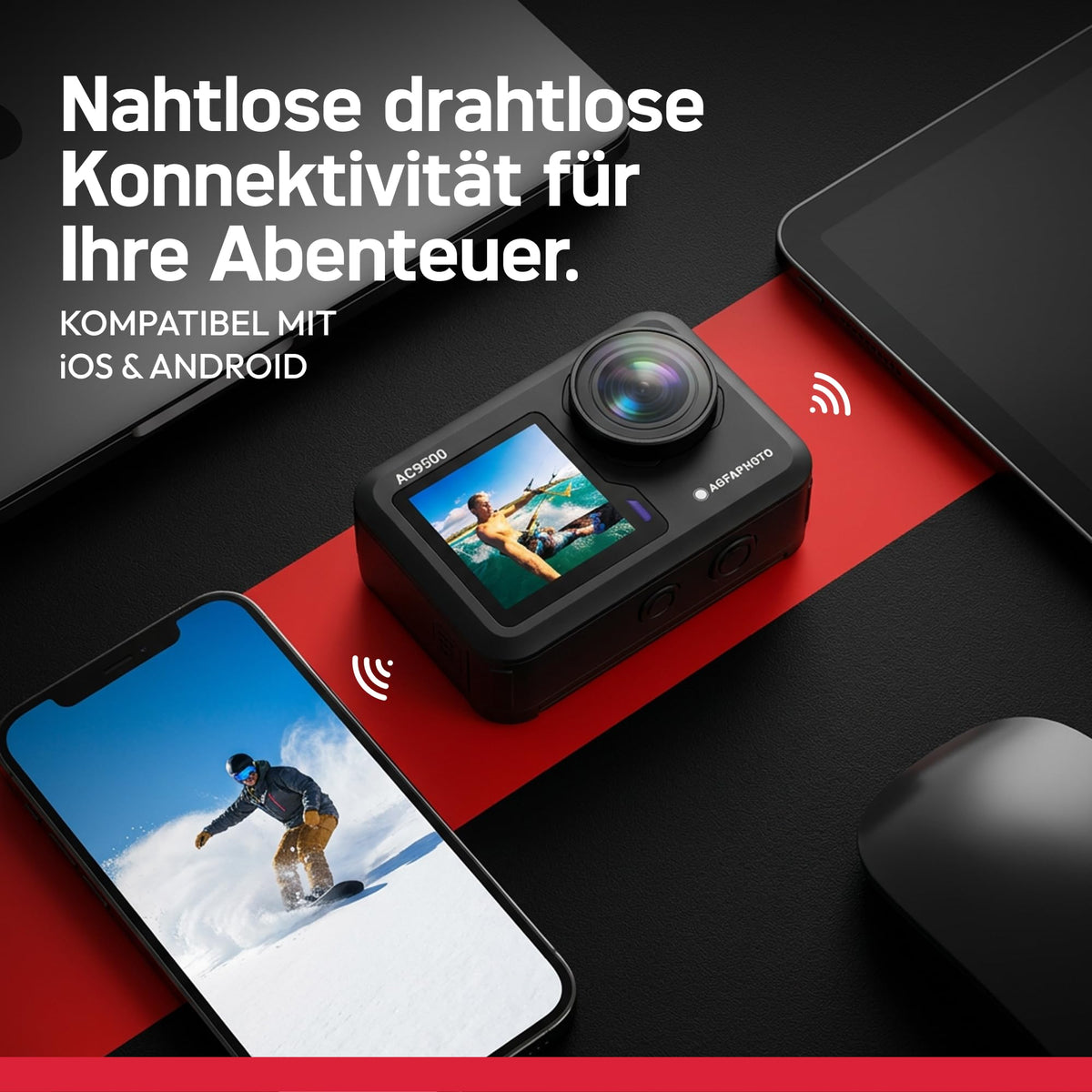 AgfaPhoto - Cameră sport - AC9500 - Real 4K 30FPS, Ecran tactil dublu, Stabilizare EIS, Rezistentă la apă până la 18m - WiFi - 12 accesorii incluse - 3760265544219