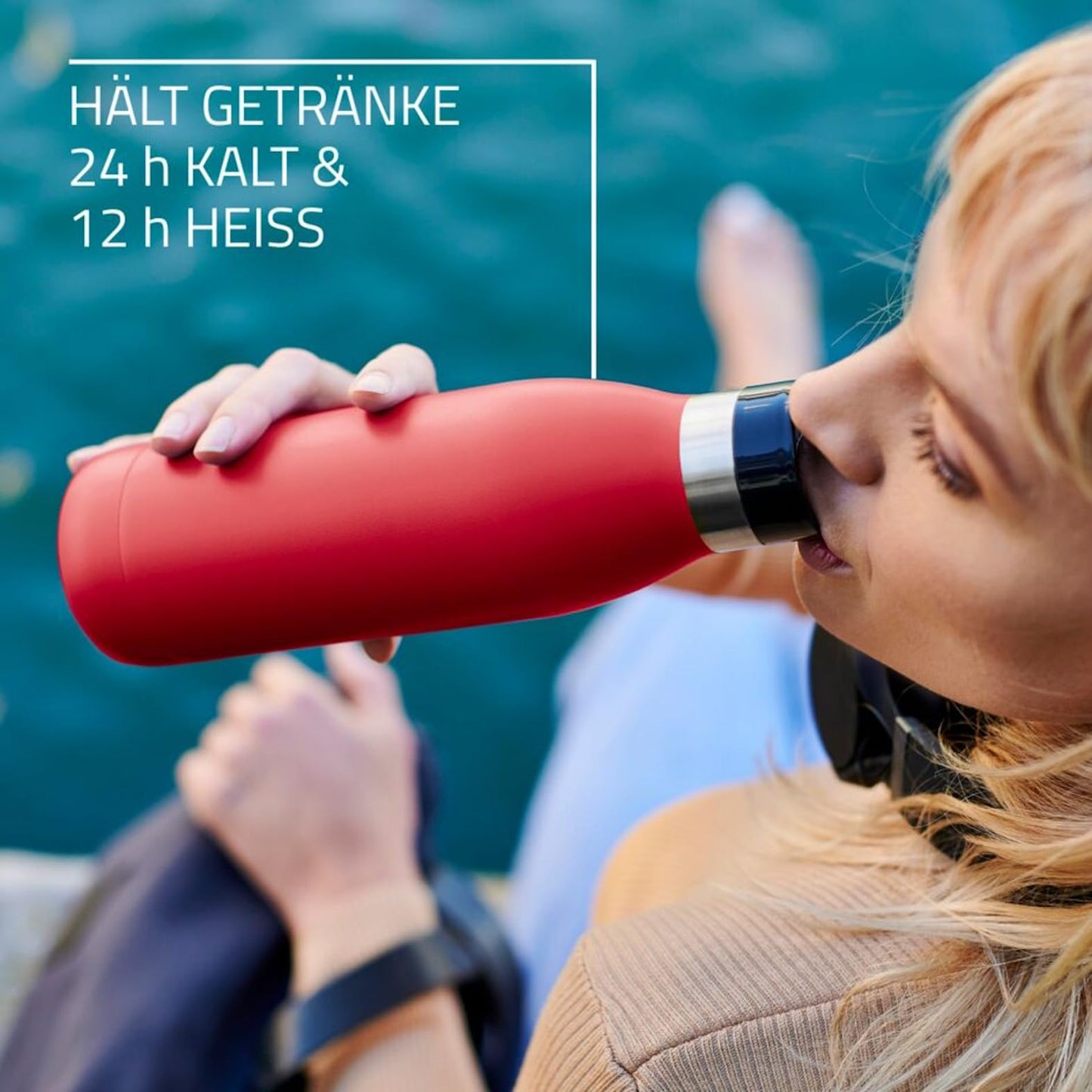 Emsa Bludrop drinking bottle, 0.7 liters, 100% leak-proof, quick-press closure, ergonomic 360° drinking pleasure, warm for 12 hours, cool for 24 hours, easy to clean, stainless steel, powder coating, dark red, N31129 - N3112900