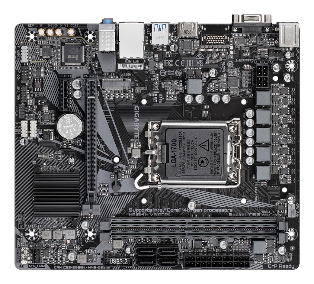 GIGABYTE H610M H V3 DDR4 Mainboard - Supports Intel Core processors 14th CPUs, 4+1+1 Hybrid Phases Digital VRM, up to 3200MHz DDR4, 1xPCIe 3.0 M.2, GbE LAN, USB 3.2 Gen 1