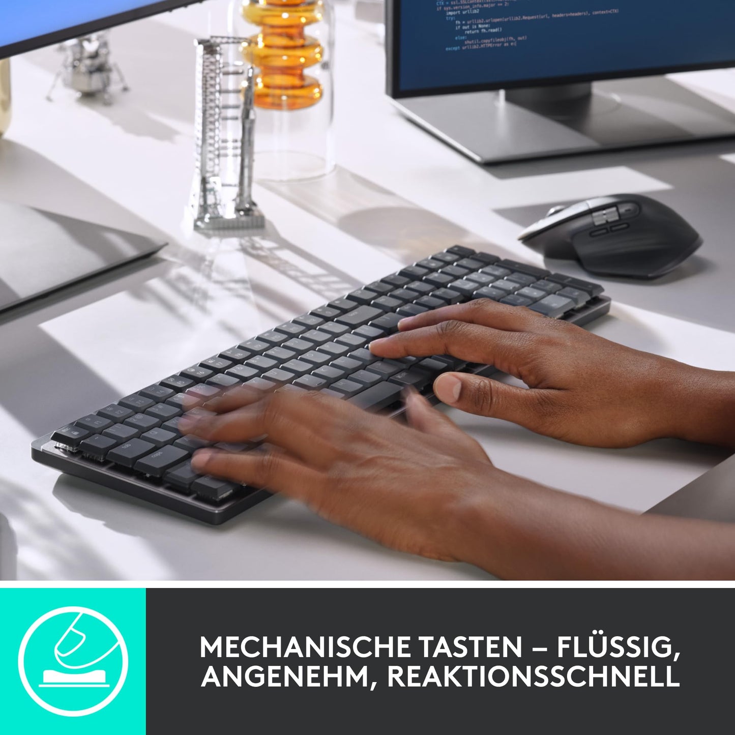 Logitech MX Mechanical Wireless Backlit Performance Keyboard, Tactile Quiet Keys, Backlit, Bluetooth, USB-C, macOS, Windows, Linux, iOS, Android, Metal, German QWERTZ - Gray - 920-010748