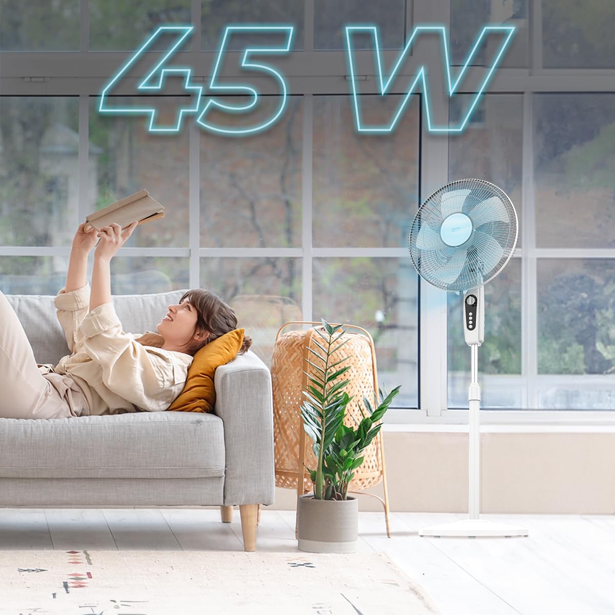 Cecotec pedestal fan EnergySilence 515 MaxFlow White. 45 watts of power, 40 cm diameter, 3 speed levels, oscillation, 1-hour timer and base up to 135 cm for room ventilation - A90_EU01_008297