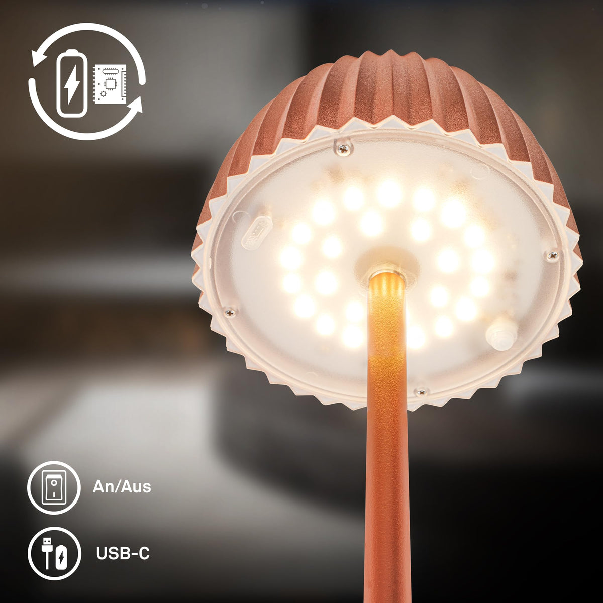 BRILONER - Riffle LED floor lamp wireless IP44 with touch, dimmable, memory function, replaceable battery, battery floor lamp, reading lamp, living room lamp, German Design Award Winner, 19x124 cm, copper color - 1238013