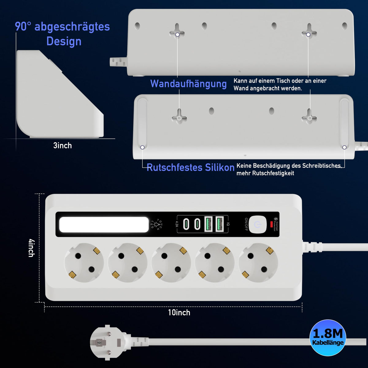 AUNNO Power Strip with USB, 5-Outlet Power Strip with 2 USB-A and 2 USB-C Ports, 1.8 m Long Power Strip with Switch and Surge Protection, Power Cable with Control