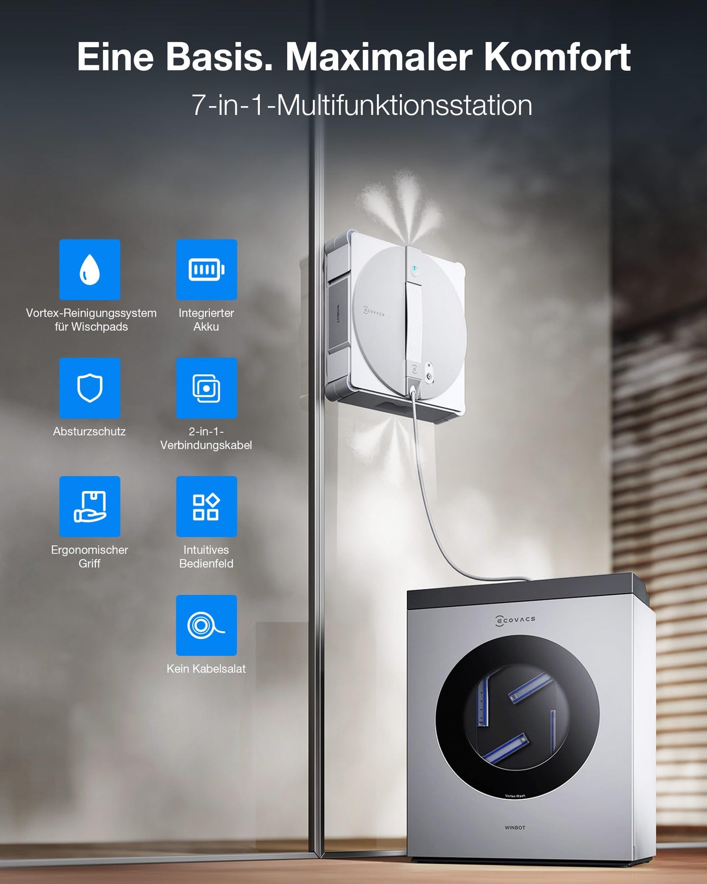 ECOVACS WINBOT W3 OMNI window cleaning robot with multifunctional station, automatic cleaning of the wiping pads, intelligent cleaning along the edges, spraying with three nozzles, app control