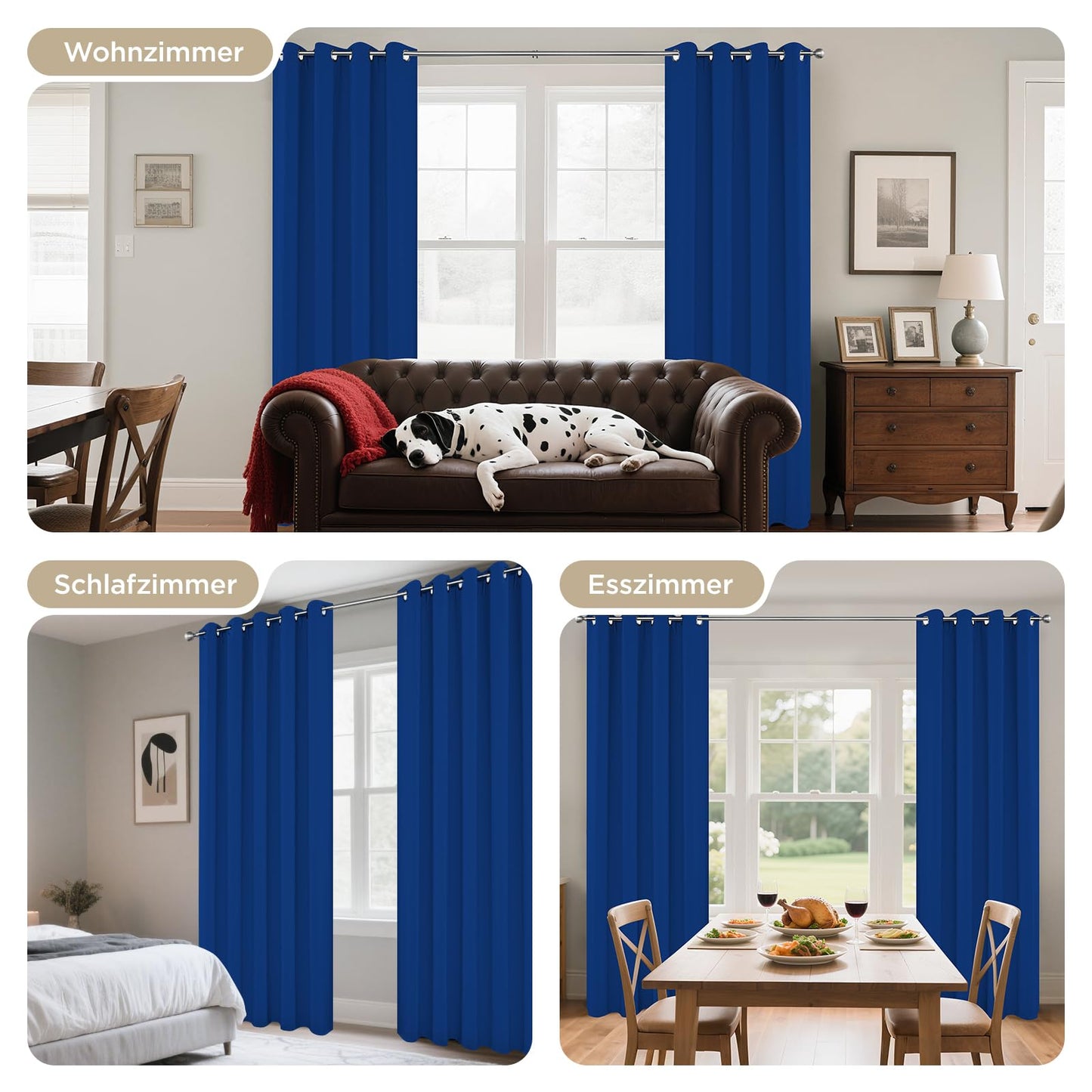 Joydeco Opaque curtains with eyelets, set of 2, blackout curtain, thermal curtain, heat protection, eyelet curtain for bedroom, living room (2xH137xW117, royal blue) - EJ21001-RBU-137-117