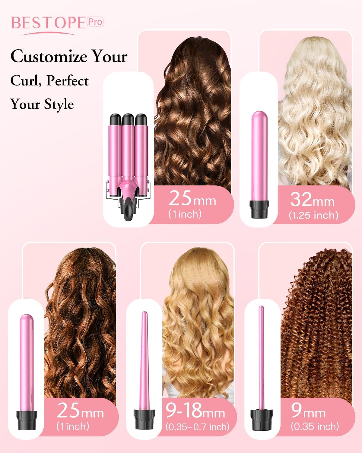 BESTOPE PRO curling iron curling iron 3 barrels wave iron 5 in 1 - curling iron set 3 barrels for large waves, temperature setting, quick heating and a glove, 2 clips, rosé - MD-J18