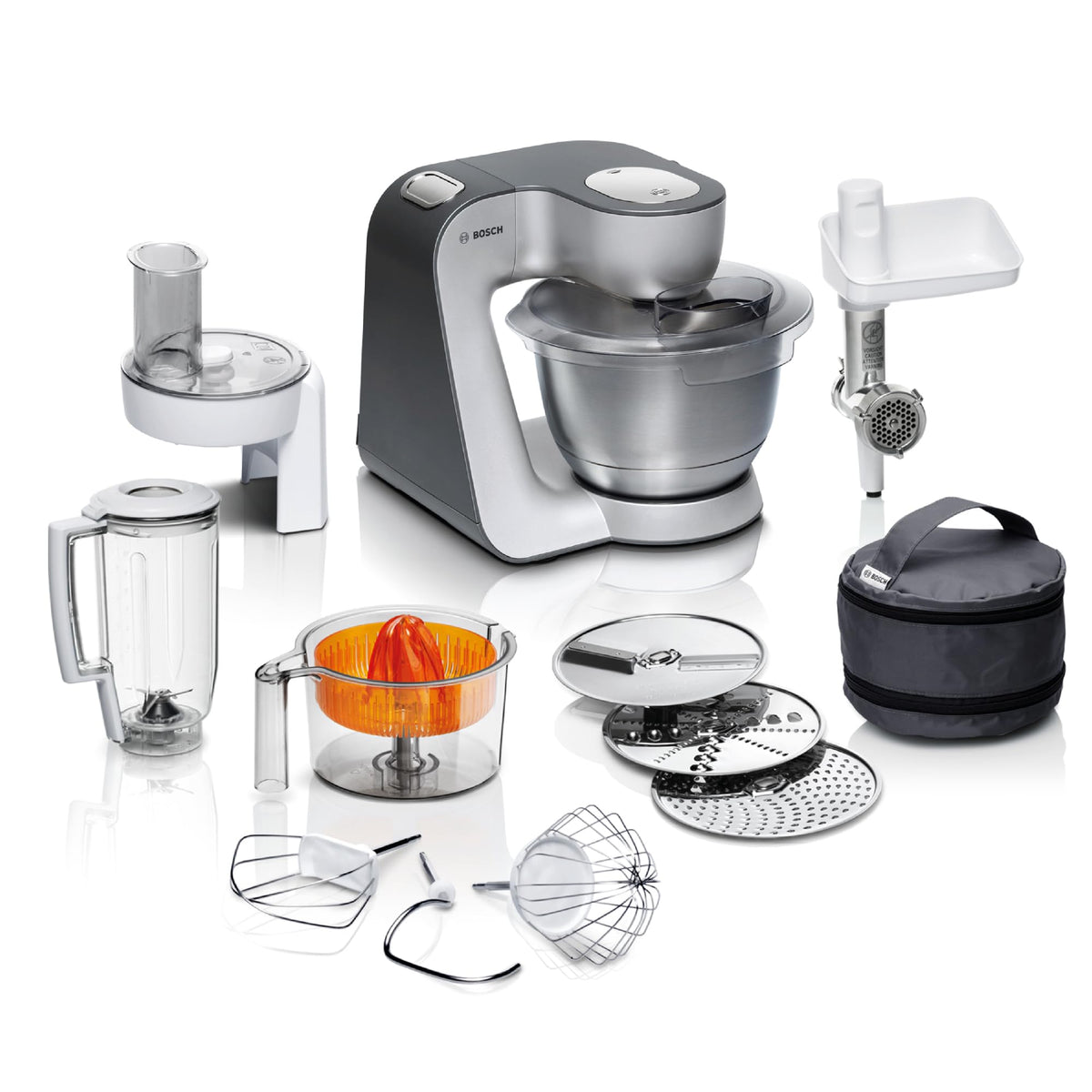 Bosch Robot de bucătărie Serie 4, bol de 3,9 L, lavabil în mașina de spălat vase, blender de 1,25 L, mașină de tocat carne, storcător de citrice, cârlig de frământat, tel, feliator continuu, 3 discuri, 900 W, antracit/silver, MUM56340