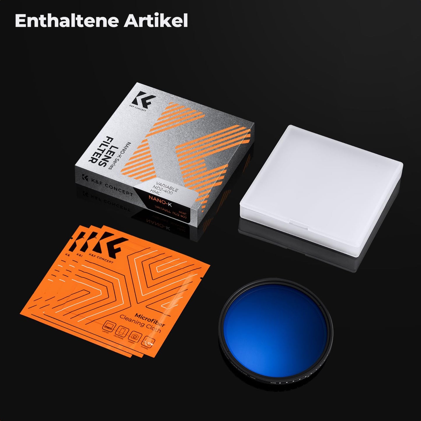 K&F CONCEPT 72 mm ND filter variable gray filter ND2-ND400 (1-9 f-stops) with three cleaning cloths for landscape photography (Nano-Klear series) - KF01.1391V1