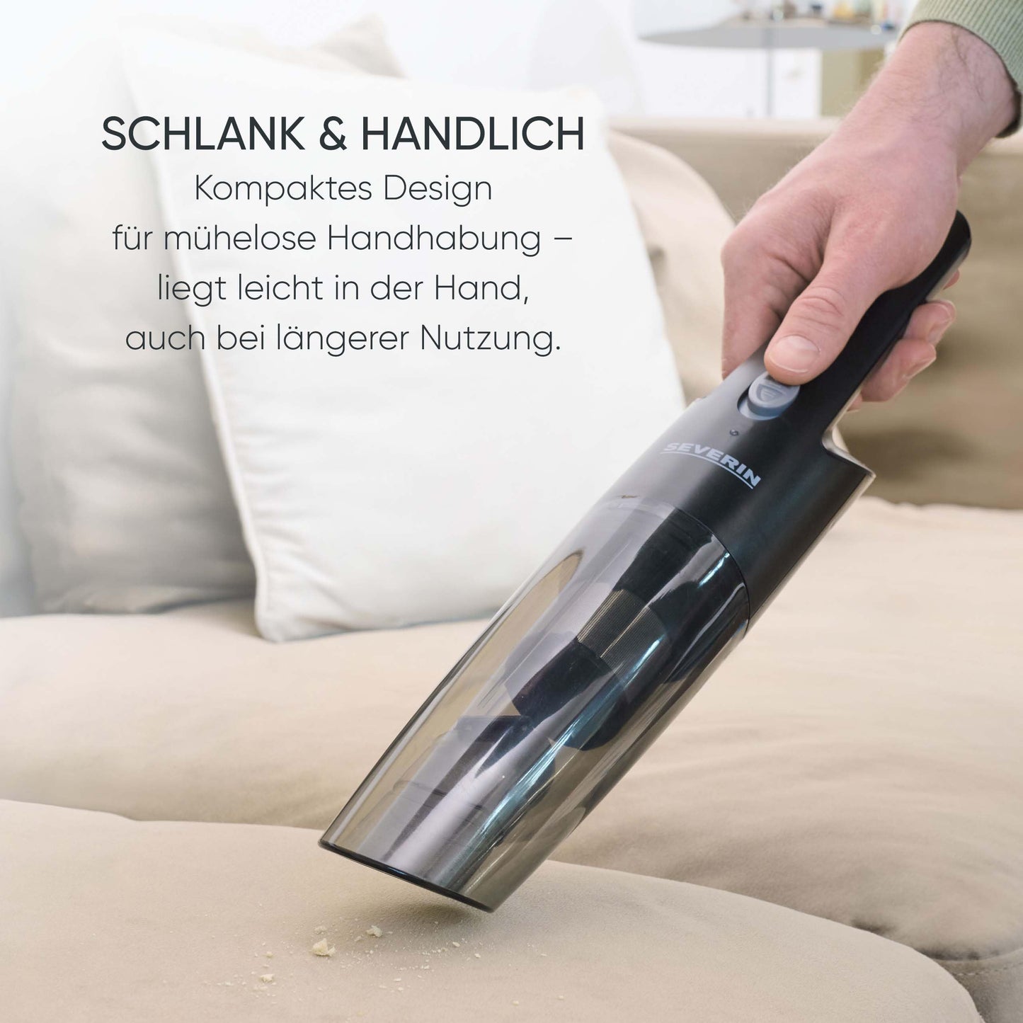 Severin 3-in-1 handheld vacuum cleaner battery, slim design, up to 25 minutes running time, 275 ml, wet & dry vacuum cleaner, with rubber nozzle, attachable furniture attachment, black, HV 7132