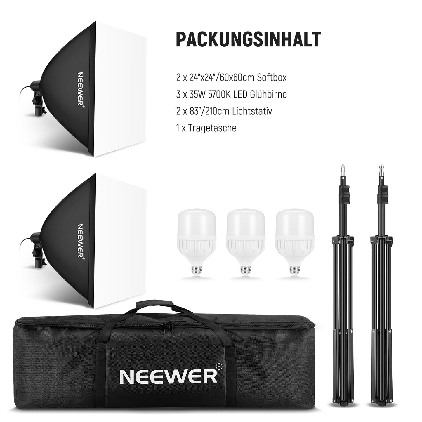 NEEWER softbox lighting set, equivalent to 700W, pack of 3 CE & UKCA certified 5700K LED light bulbs, 24x24 inch softboxes with E27 socket, photography continuous light set, photo studio equipment - 10102773