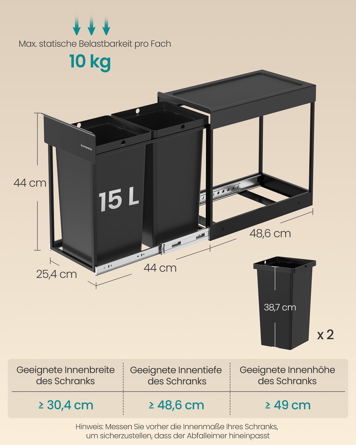 SONGMICS kitchen trash can, trash separation system for base cabinet, 2 x 15 L, trash can with 2 compartments, extendable, steel frame, ABS lid, ink black LTB950B01