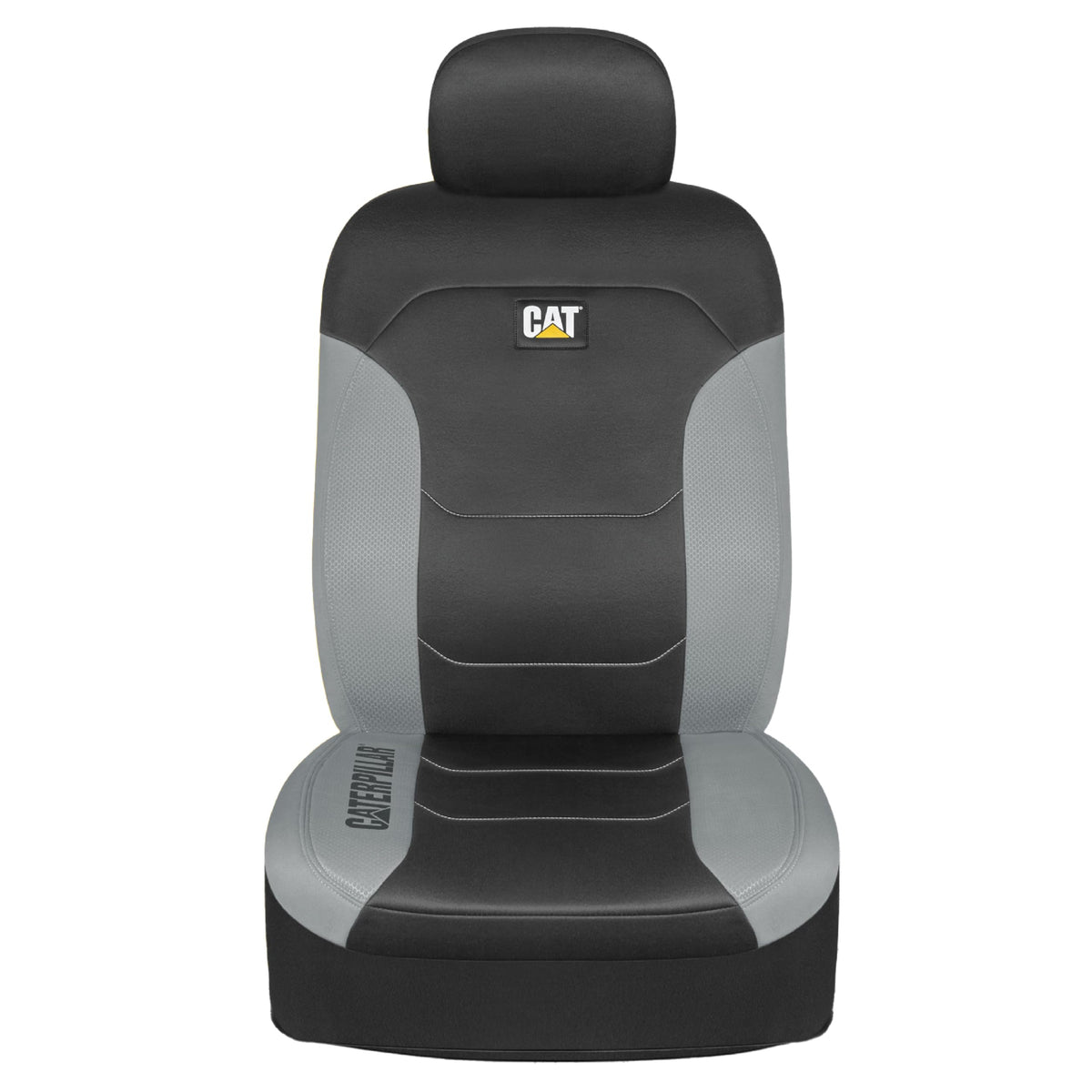 Caterpillar Flexfit Huse de scaun auto pentru autoturisme, camioane și SUV-uri, negru, huse pentru scaunele din față, protecții pentru scaune cu detalii în gri, huse interioare auto, set de 2. - CASC-2274-GR