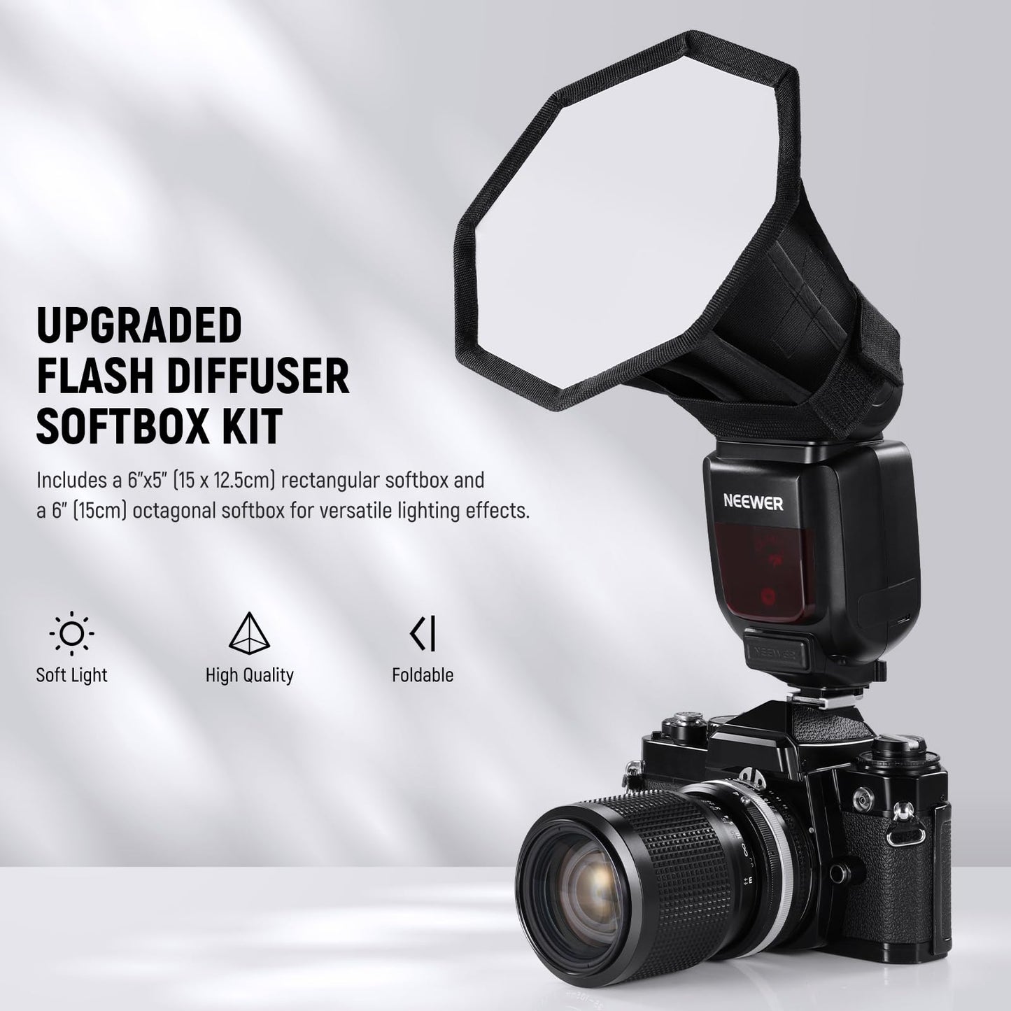 NEEWER improved flash diffuser flash softbox, foldable, pack of 2, (5.9"/15cm octagon, 6" x 5" rectangular) for Z2 Z1 V1 round head flashes and compatible with Godox Sony Nikon Canon flash, NS5P