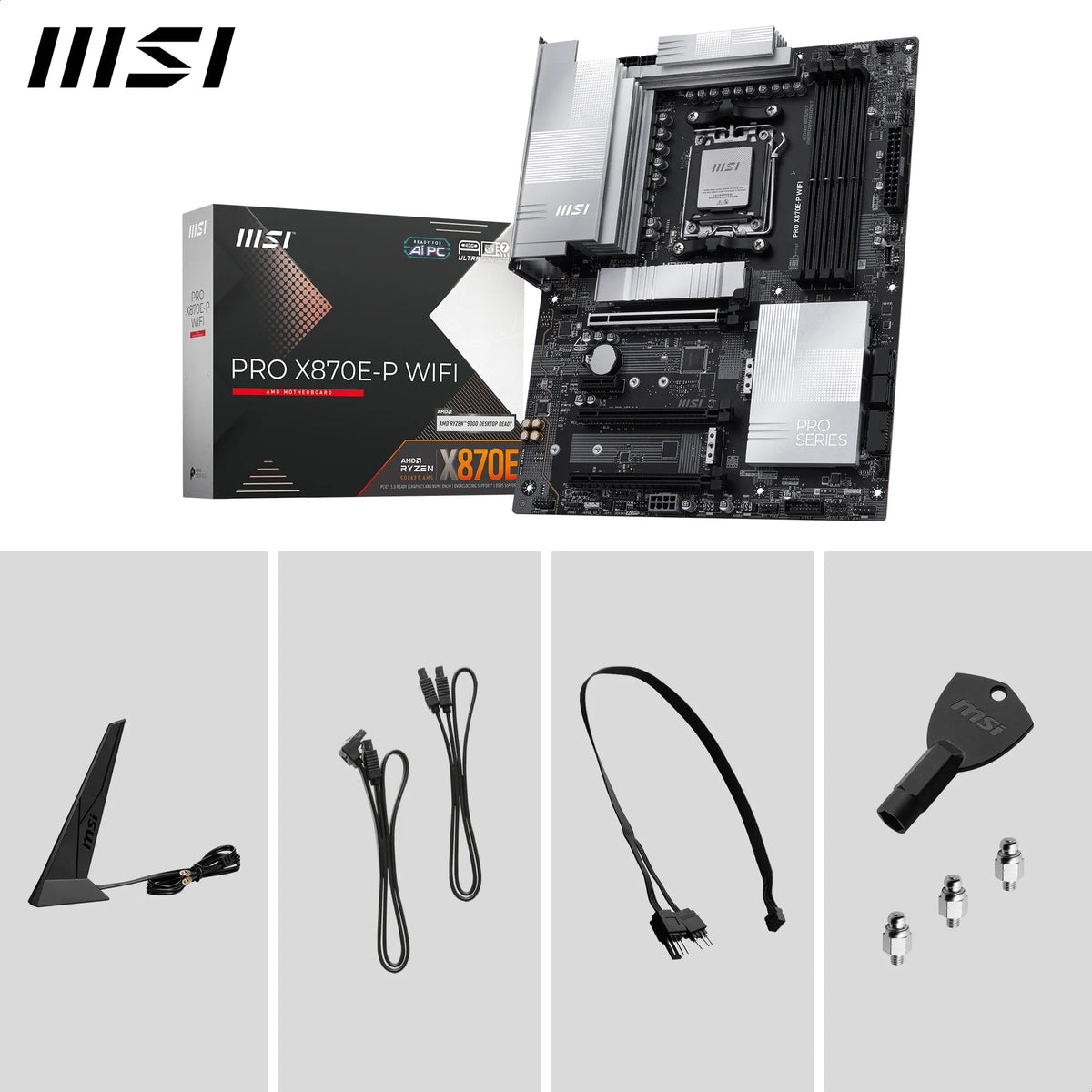 Placa de bază MSI PRO X870E-P WiFi, ATX - Suportă procesoare AMD Ryzen 9000/8000 / 7000, AM5-60A SPS VRM, DDR5 Memory Boost (8200+ MT/s OC), PCIe 5.0 x16 & 4.0 x16, M.2 Gen5, Wi-Fi 7, 5G LAN