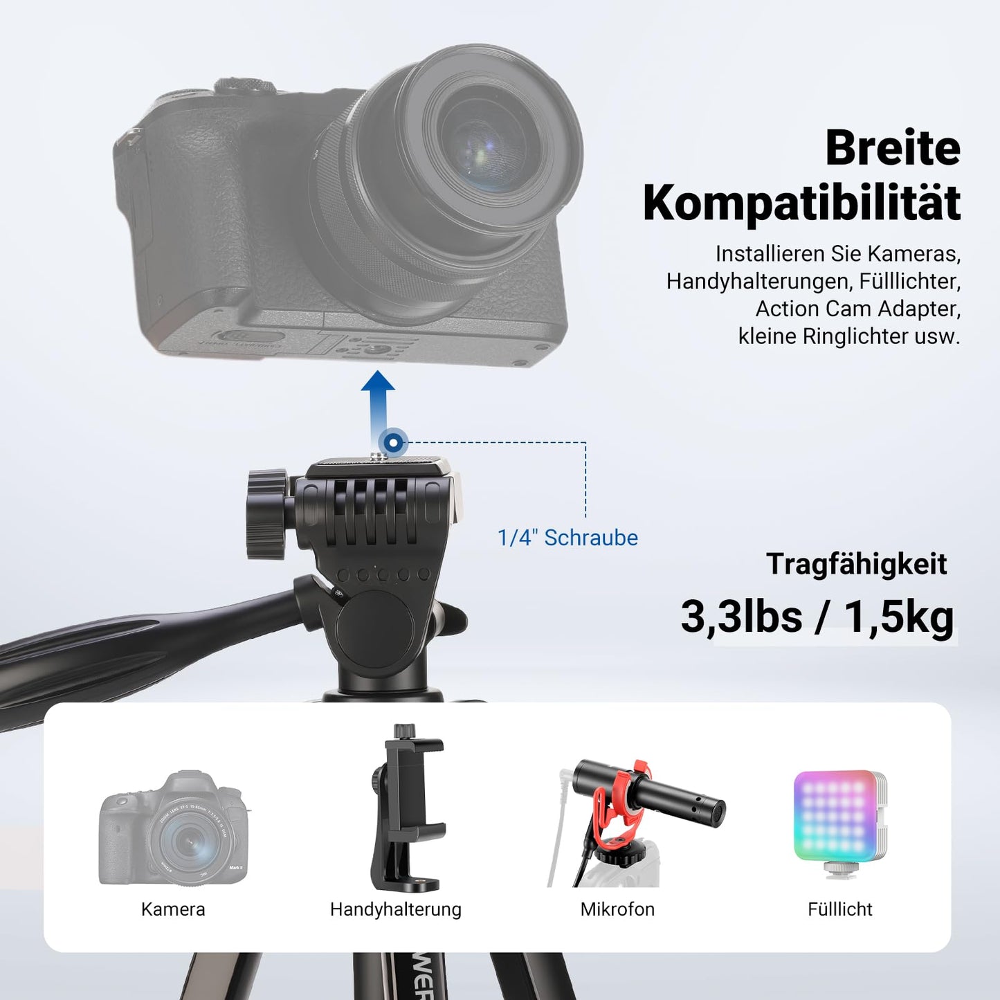 NEEWER Entry Level Version Tripod for Cell Phone & Camera, Metal Lightweight Portable Travel Tripod with Cold Shoe Cell Phone Holder Compatible with iPhone for Video Recording, TP53