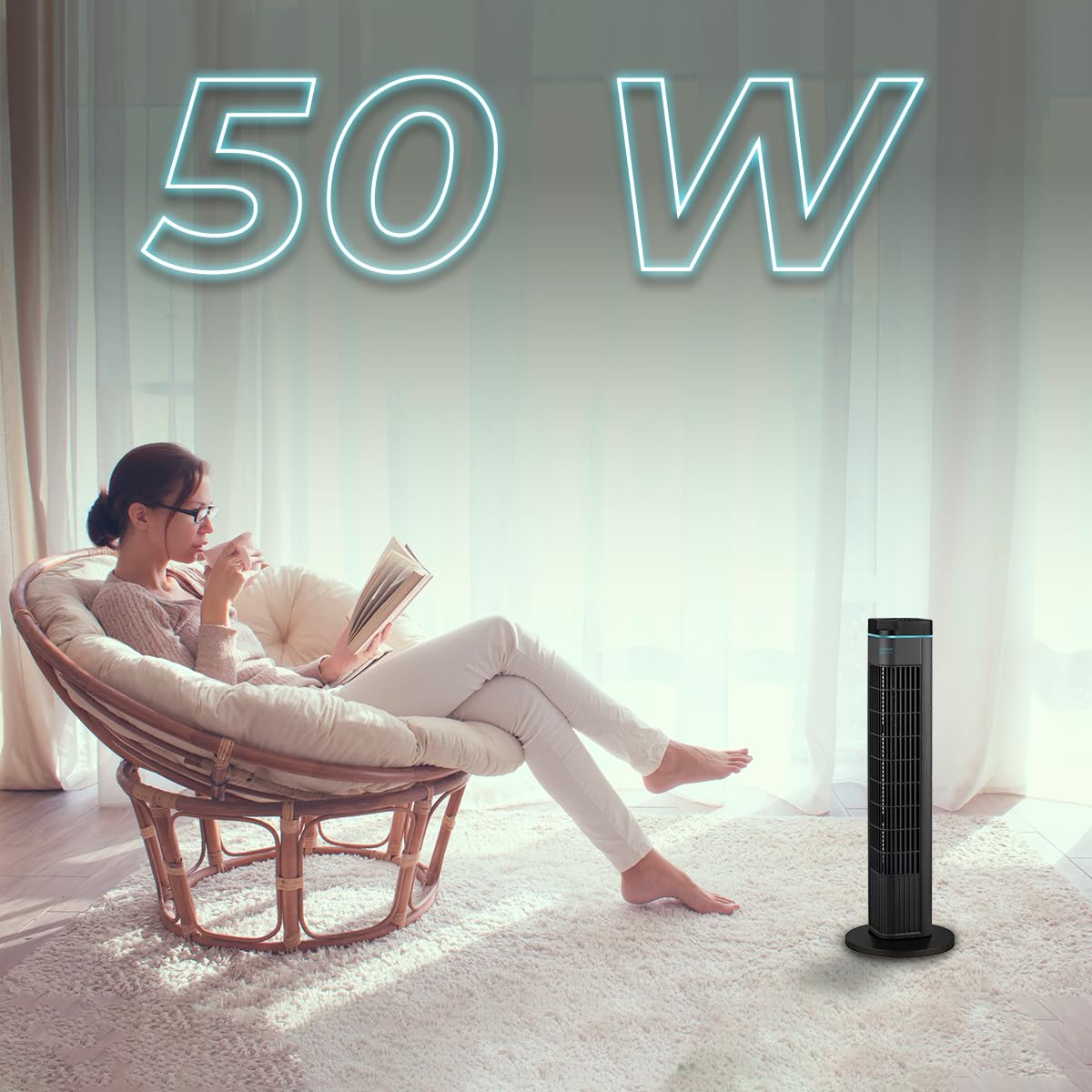 Cecotec tower fan EnergySilence 690 Skyline, 50 W DC motor, diameter 73 cm, 3 speeds, 3 modes, 8 hour timer, automatic 90º oscillation, white - 08345