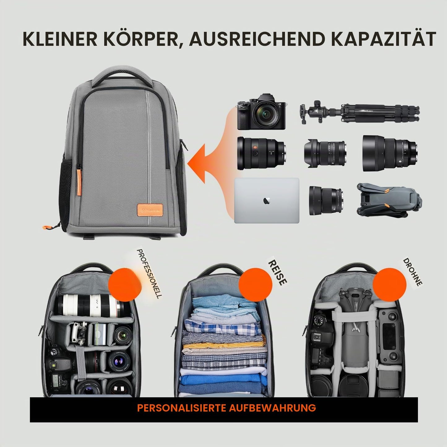 TARION camera backpack lightweight camera backpack with 15 inch laptop compartment gray - TB02-GY-EU