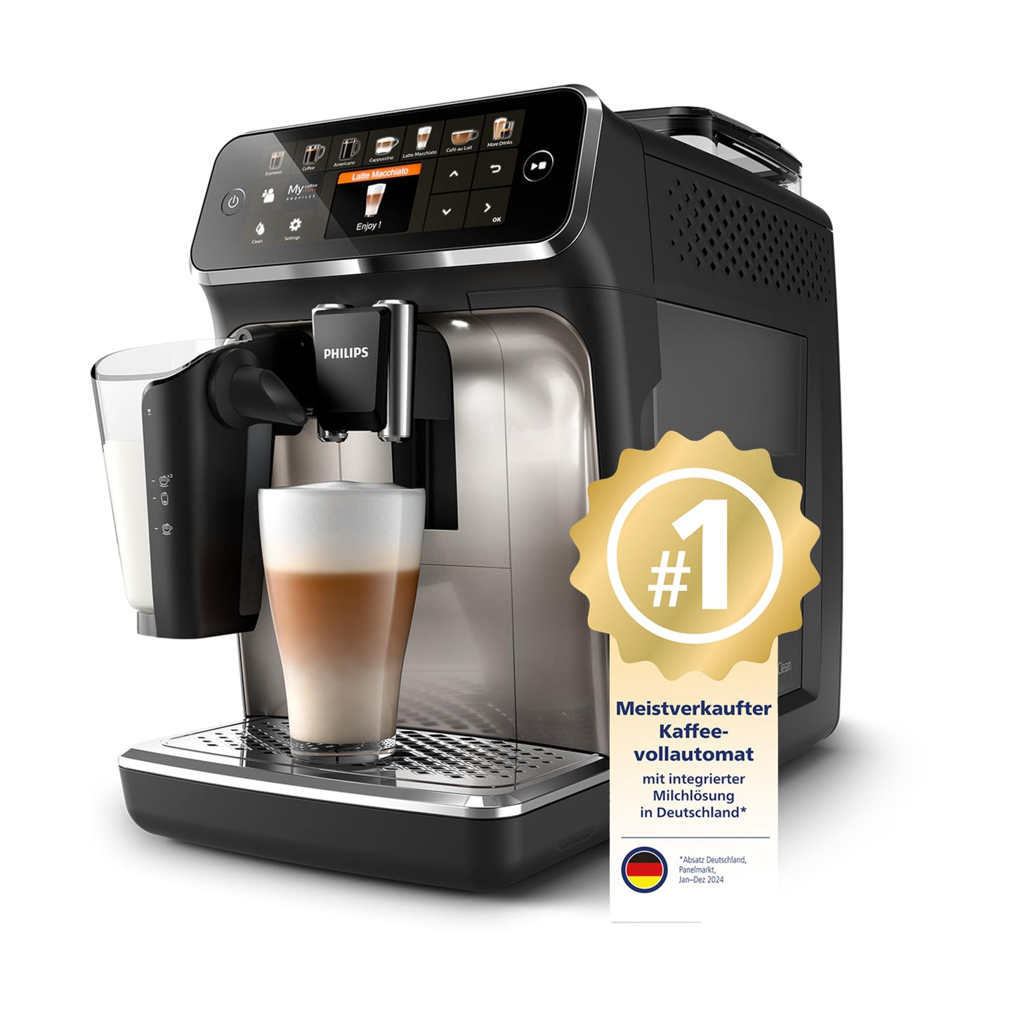 PHILIPS Series 5400 fully automatic coffee machine - LatteGo, 12 drinks, milk frother, touchscreen, 4 profiles, chrome finish (EP5447/90)