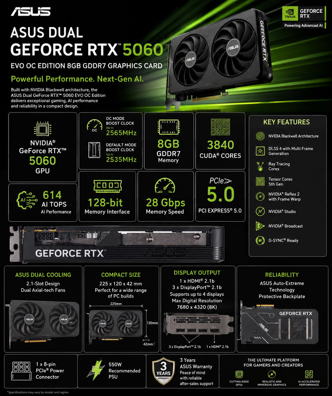 ASUS Dual NVIDIA GeForce RTX 5060 EVO OC Edition, 8 GB placă grafică GDDR7, 128 biți, PCIe 5.0, 2.5 ventilatoare Axial-Tech, 1 HDMI 2.1, 3 DisplayPort 2.1, GPU Tweak III, Negru, DUAL-RTX5060-OTX5060 - DUAL-RTX5060-O8G-EVO