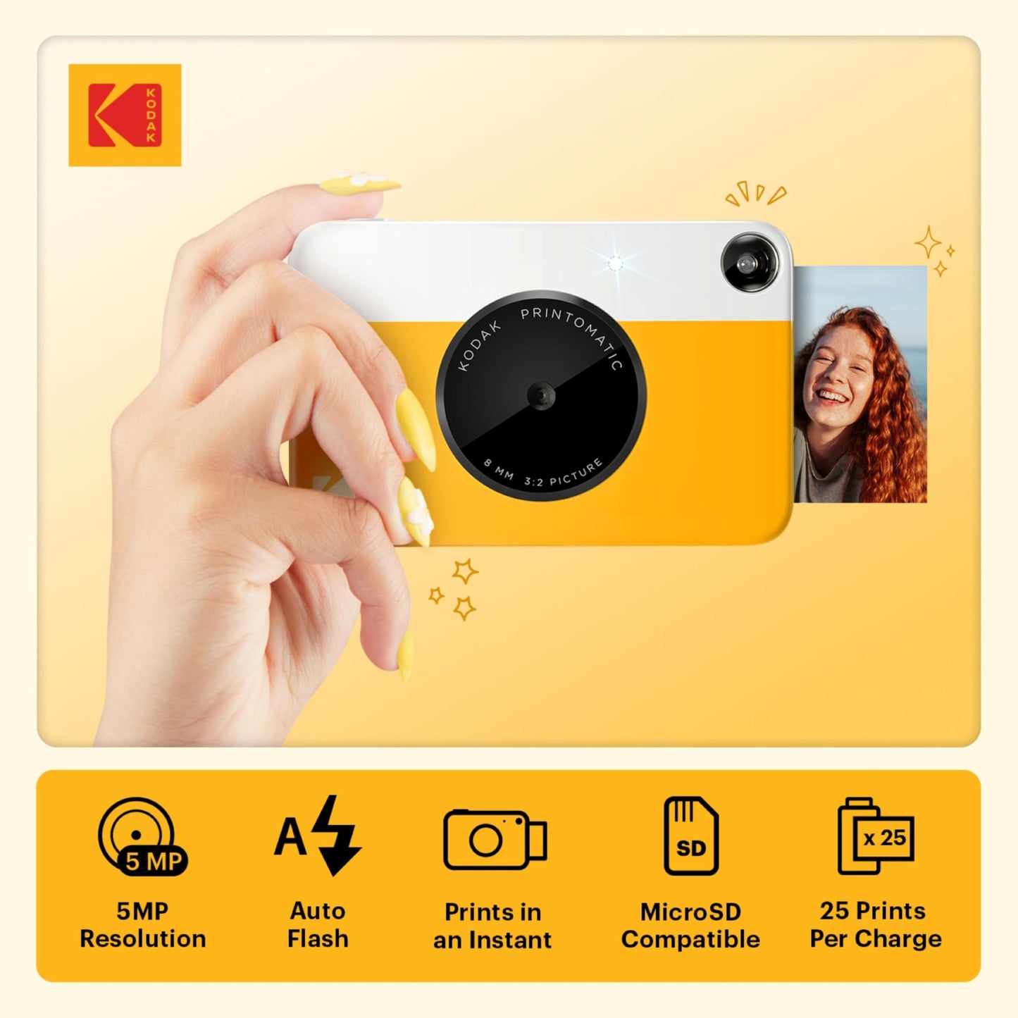 Kodak Printomatic Instant Camera – 75 Sheet Package – 5MP – Zinc 2x3 Photos – Portable – Yellow - AMZNBRODMATYL