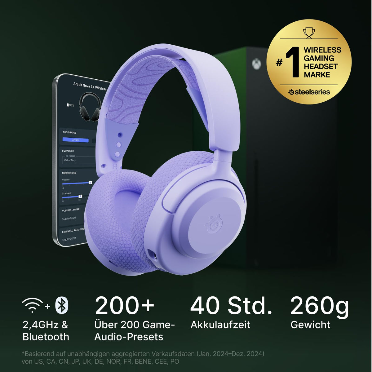 SteelSeries Arctis Nova 3X Wireless Xbox Headset - Gaming Headset Wireless - App Control - 40 Hours Battery Life & Fast Charging - 2.4 GHz/Bluetooth - Detachable Microphone - For Xbox, PC & More - Lavender - 61693