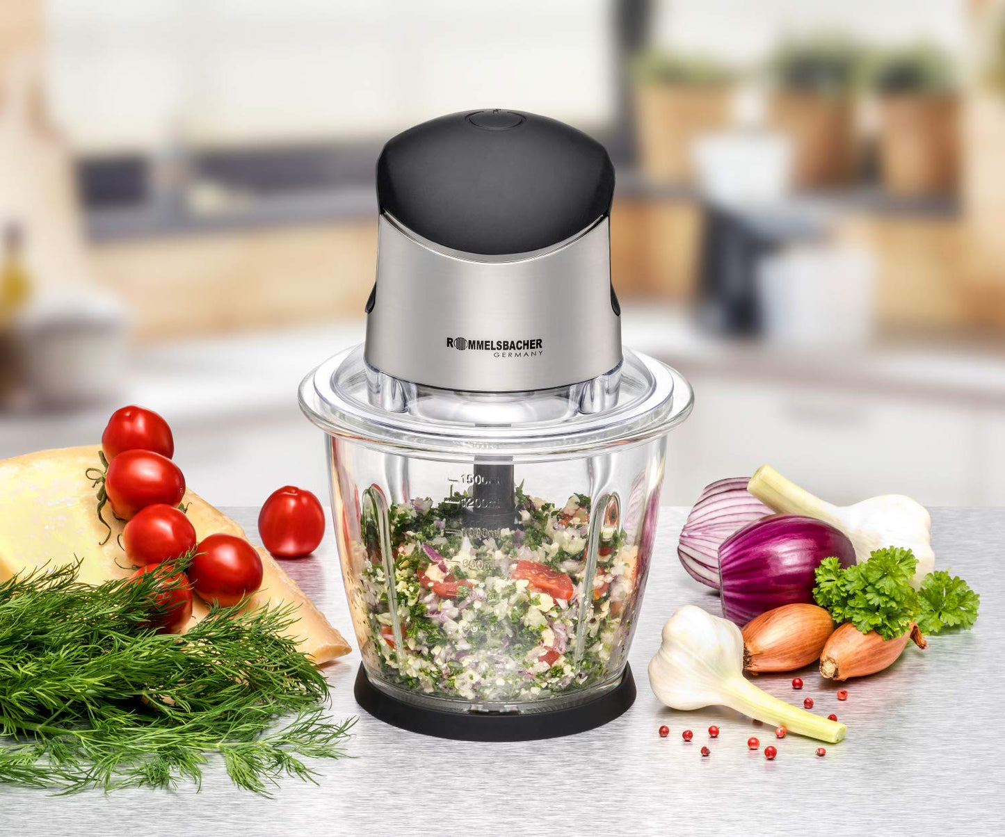 ROMMELSBACHER Multi Chopper MZ 500 - powerful motor, 4-blade special blade made of stainless steel, 1.5 liter glass container, black/brushed chrome, 500 watts