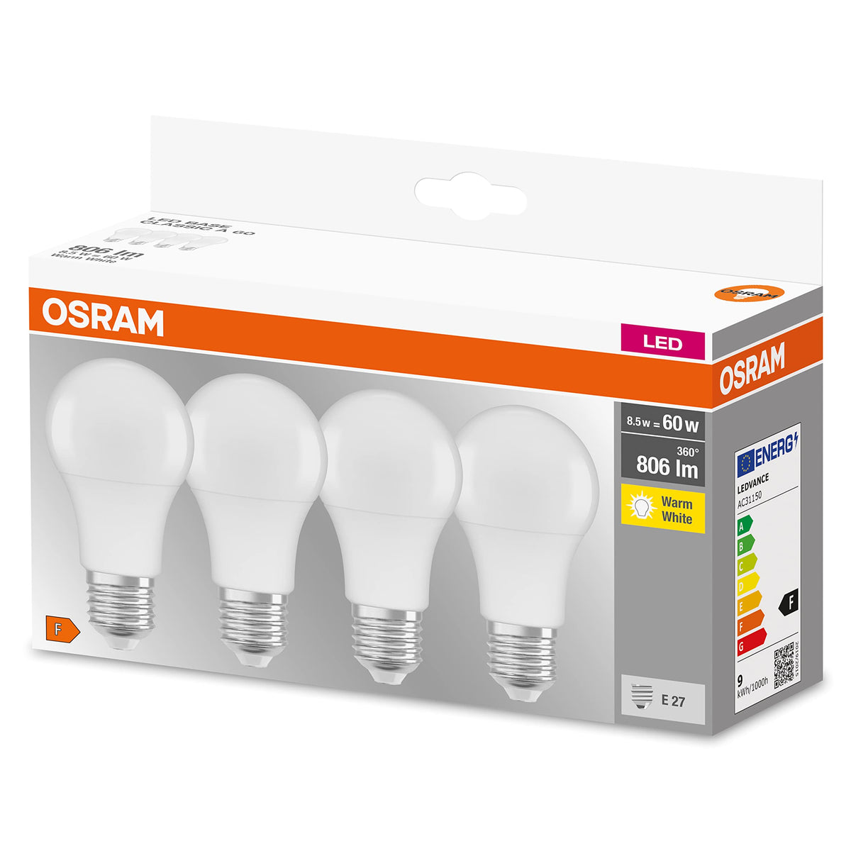 Osram LED Base Classic A, în formă de bec cu bază E27, nu reglabil, înlocuiește 60 wați, mat, alb cald - 2700 Kelvin, pachet de 40, 4058075819450