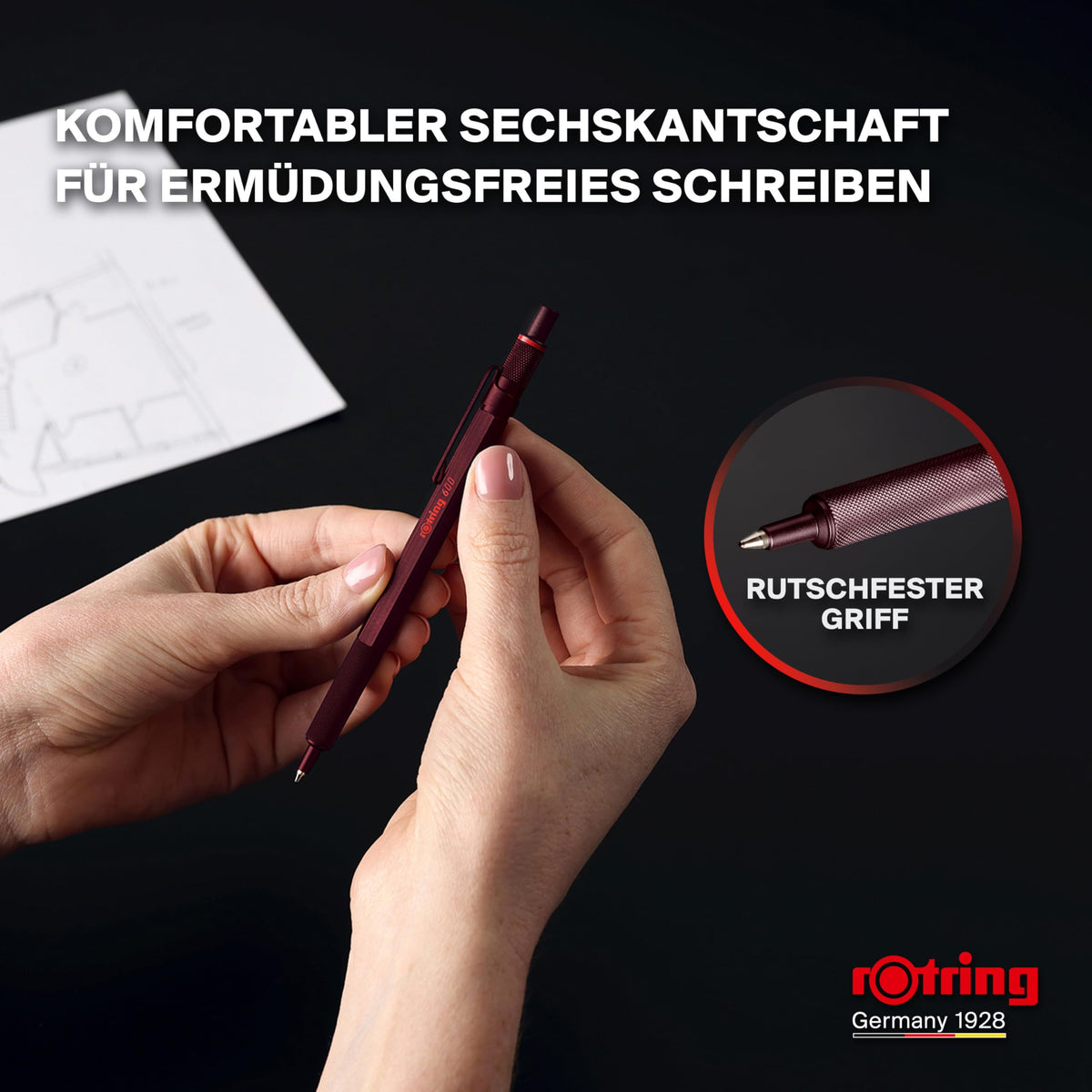 rOtring 600 Ballpoint Pen | Medium Tip | Black Ink | Full Metal Body | Chocolate Brown | Non-slip, knurled grip zone and hexagonal barrel | Refillable - SAP_2204407