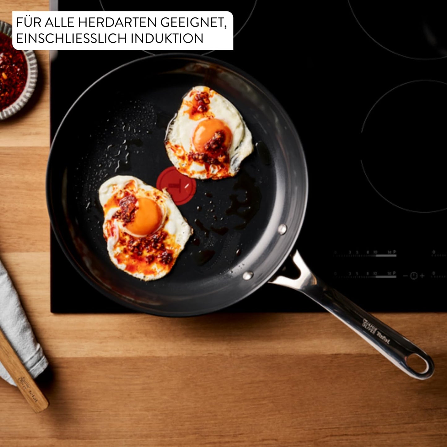 Tefal Jamie Oliver by Direct Cook frying pan 24 cm, including pan protector, non-stick ceramic surface, long-lasting seal, thermal signal, for all types of stoves, stainless steel, H880S234
