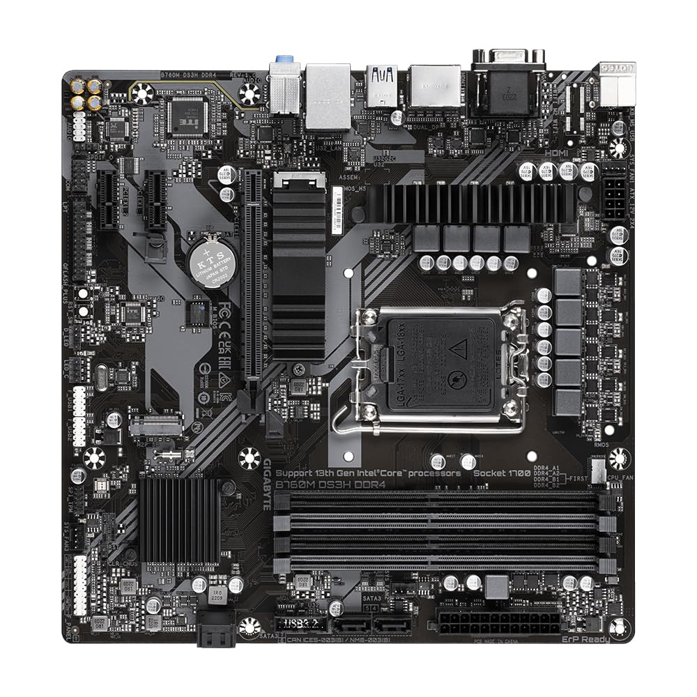 Placa de bază GIGABYTE B760M DS3H DDR4 - Suportă procesoare Intel Core de generația a 14-a, VRM digital cu 6+2+1 faze, până la 5333MHz DDR4 (OC), 2xPCIe 4.0 M.2, LAN 2.5GbE, USB 3.2 Gen2