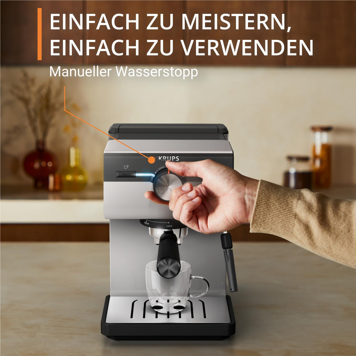 Krups Authentic Espresso Machine, 15 bar, intuitive operation, refined design, integrated steam nozzle, 2 L water tank, including accessories, Grey/Cream, XP381B10