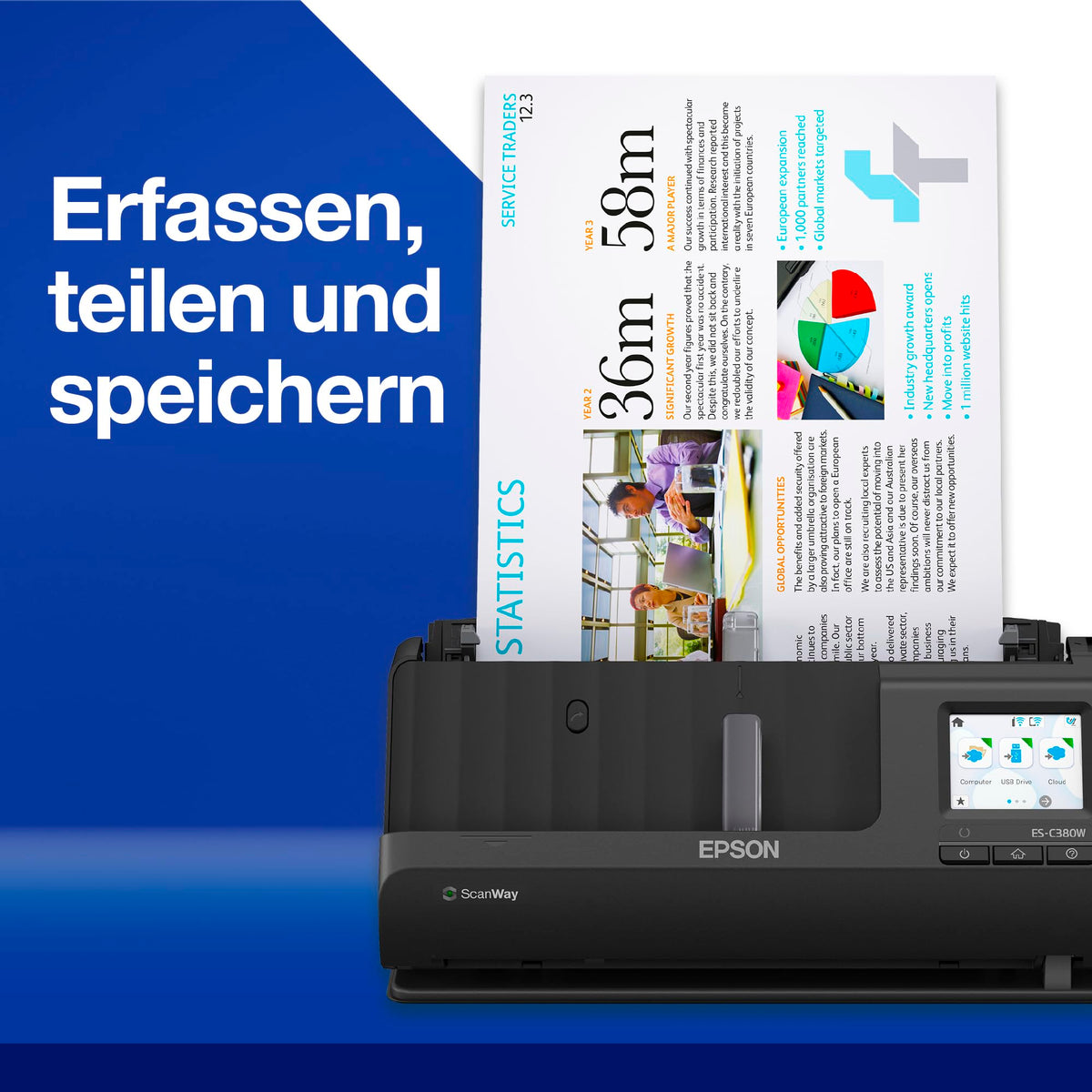 Epson Netzwerk Scanner ES-C380W, scanner de birou A4 compact cu consum redus de energie, scanner cu alimentare duplex și procesare versatilă a suporturilor, negru - B11B269401