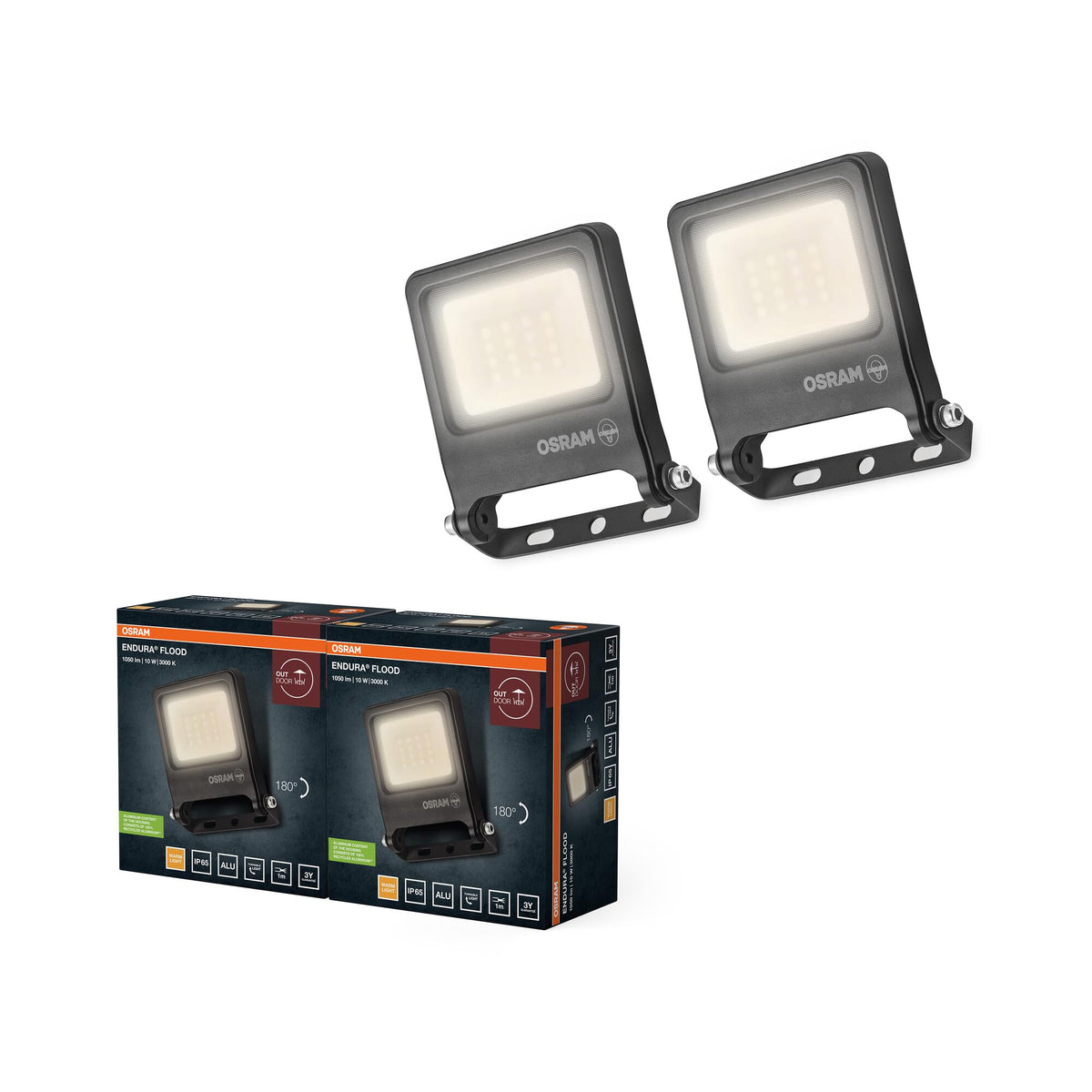 Osram ENDURA FLOOD PC 10W LED Floodlight, 3000K warm white, 1000 lumens, IP65 weatherproof floodlight, recycled aluminum, 110° angle, dark gray, 2-Pack - 4099854669491