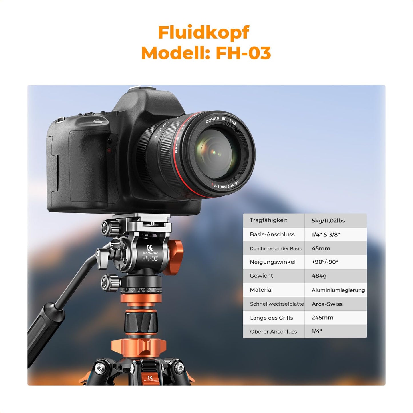 K&F CONCEPT black-orange video tripod video tripod with fluid head, 200cm tripod for on the go, with removable monopod, aluminum travel tripod K234A7+FH-03